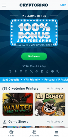 Cryptorino Casino Screenshot